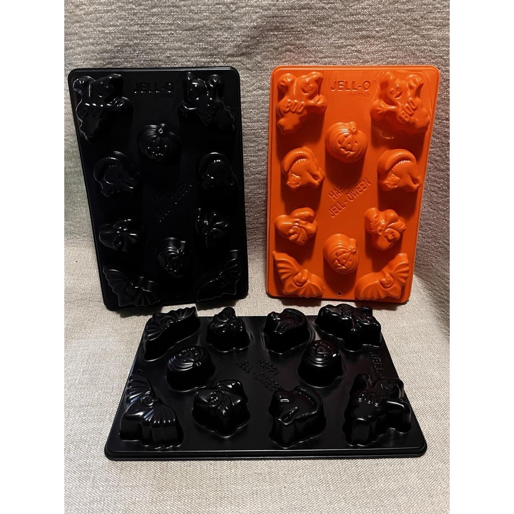 1996 Jell-O Halloween Jigglers Molds Set of 3 Orange Black Pumpkin Ghost Bat Cat